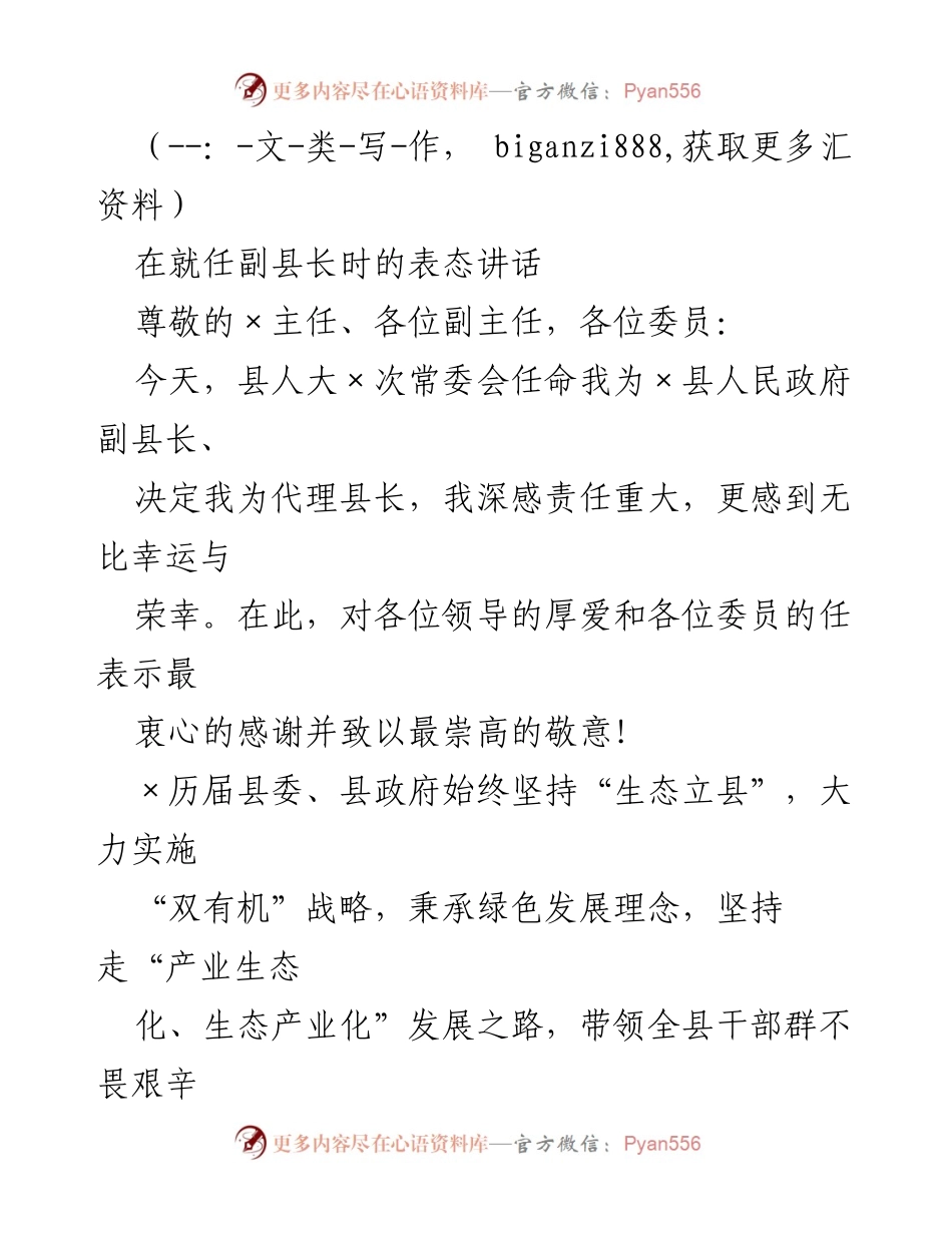 [发言] 副县长就任表态讲话：牢记宗旨，服务人民，坚定发展信念.docx_第1页