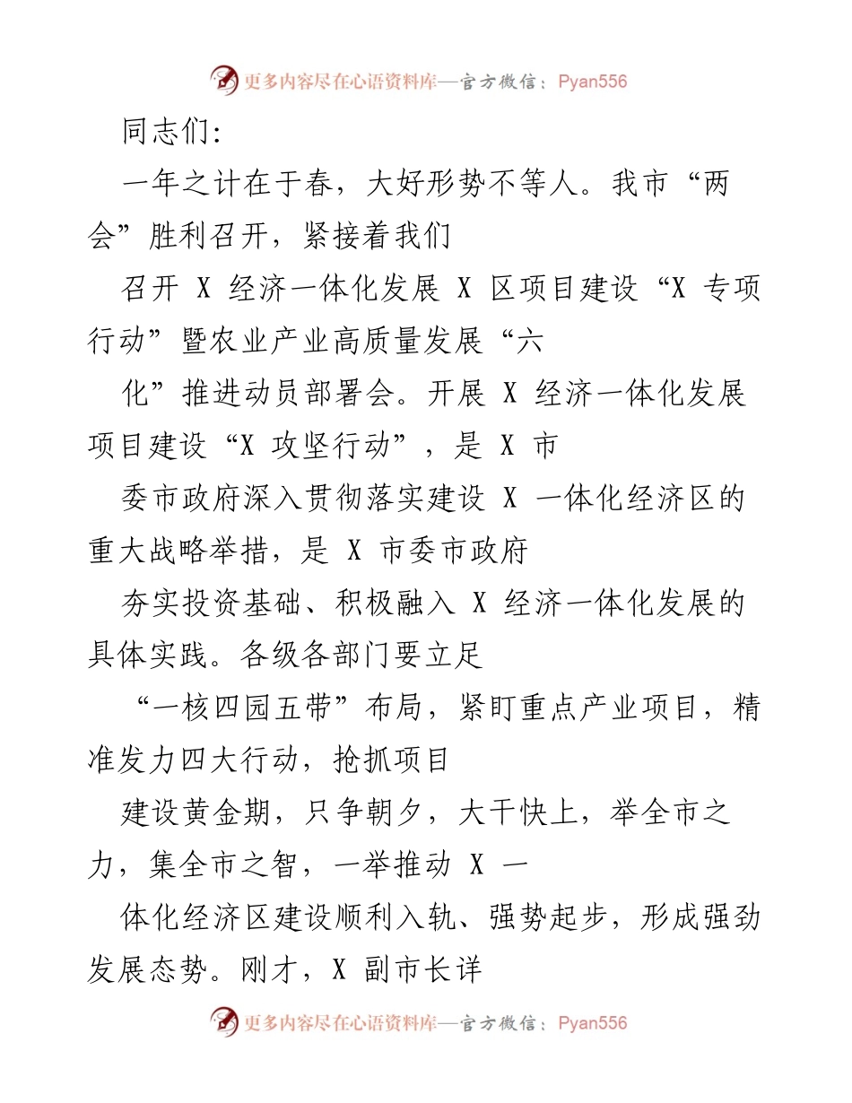[发言] 动员部署会 - 把握机遇，推动经济一体化发展项目建设.docx_第1页
