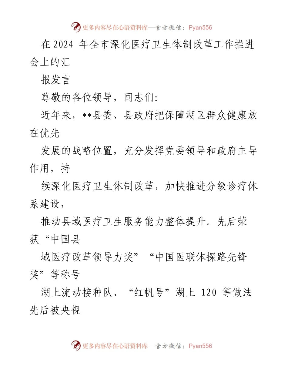 [发言] 全市深化医疗卫生体制改革工作推进会 - 推动医疗卫生体制改革，提升县域医疗服务能力.docx_第1页