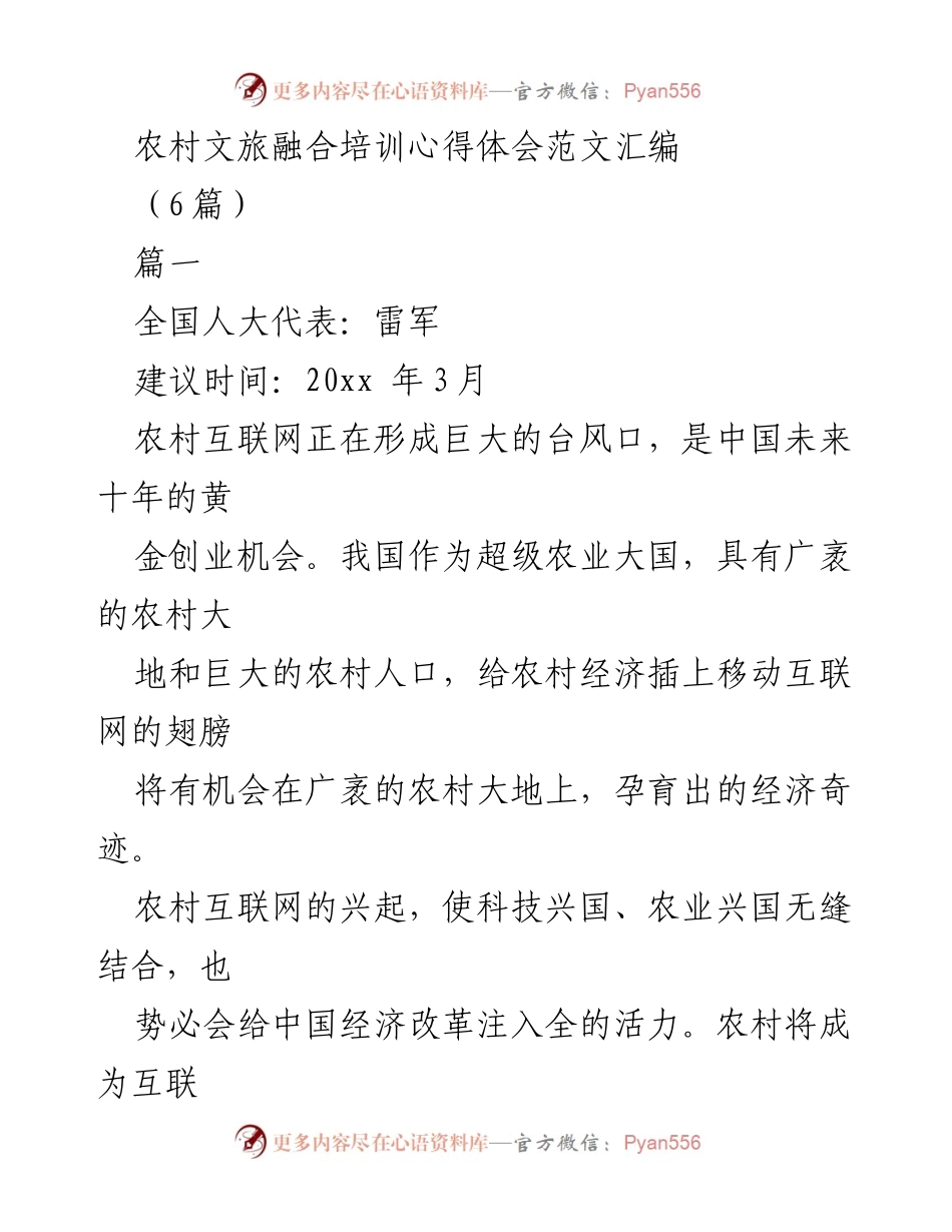[发言] 农村文旅融合培训 - 农村互联网发展机遇与挑战.docx_第1页