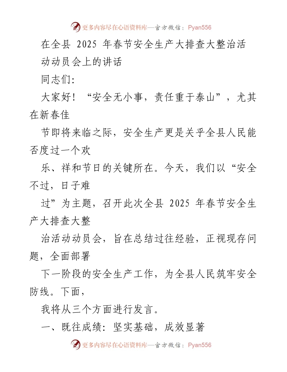 [发言] 动员会 - 全县2025年春节安全生产大排查大整治活动动员会讲话.docx_第1页