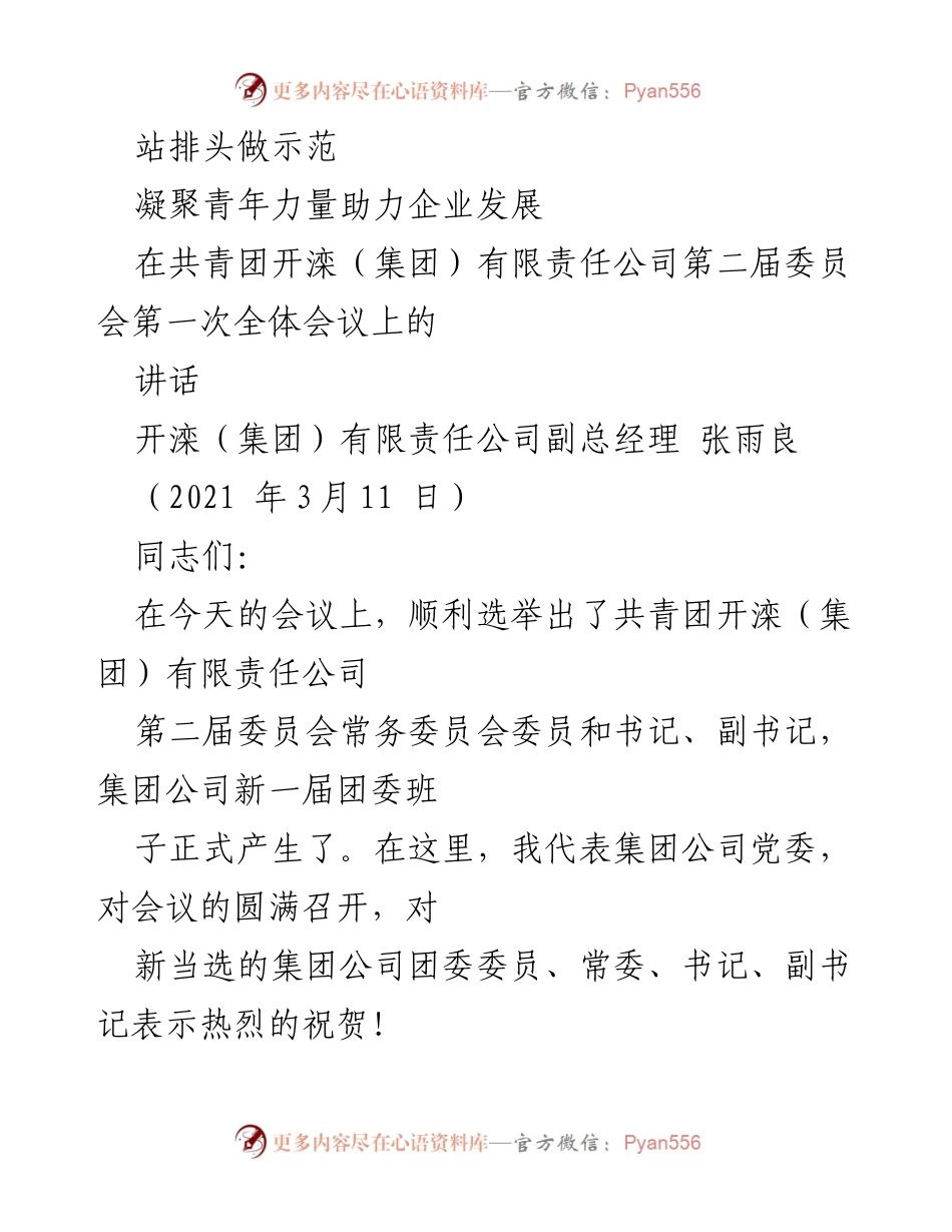 [发言] 共青团全体会议 - 凝聚青年力量，助力企业发展.docx_第1页