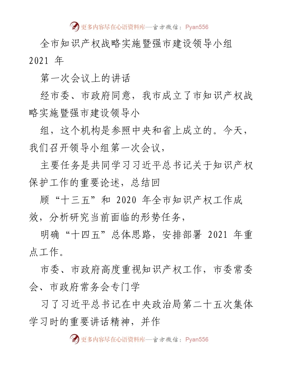 [发言] 全市知识产权战略实施暨强市建设领导小组第一次会议 - 加强知识产权保护，推动创新驱动发展.docx_第1页