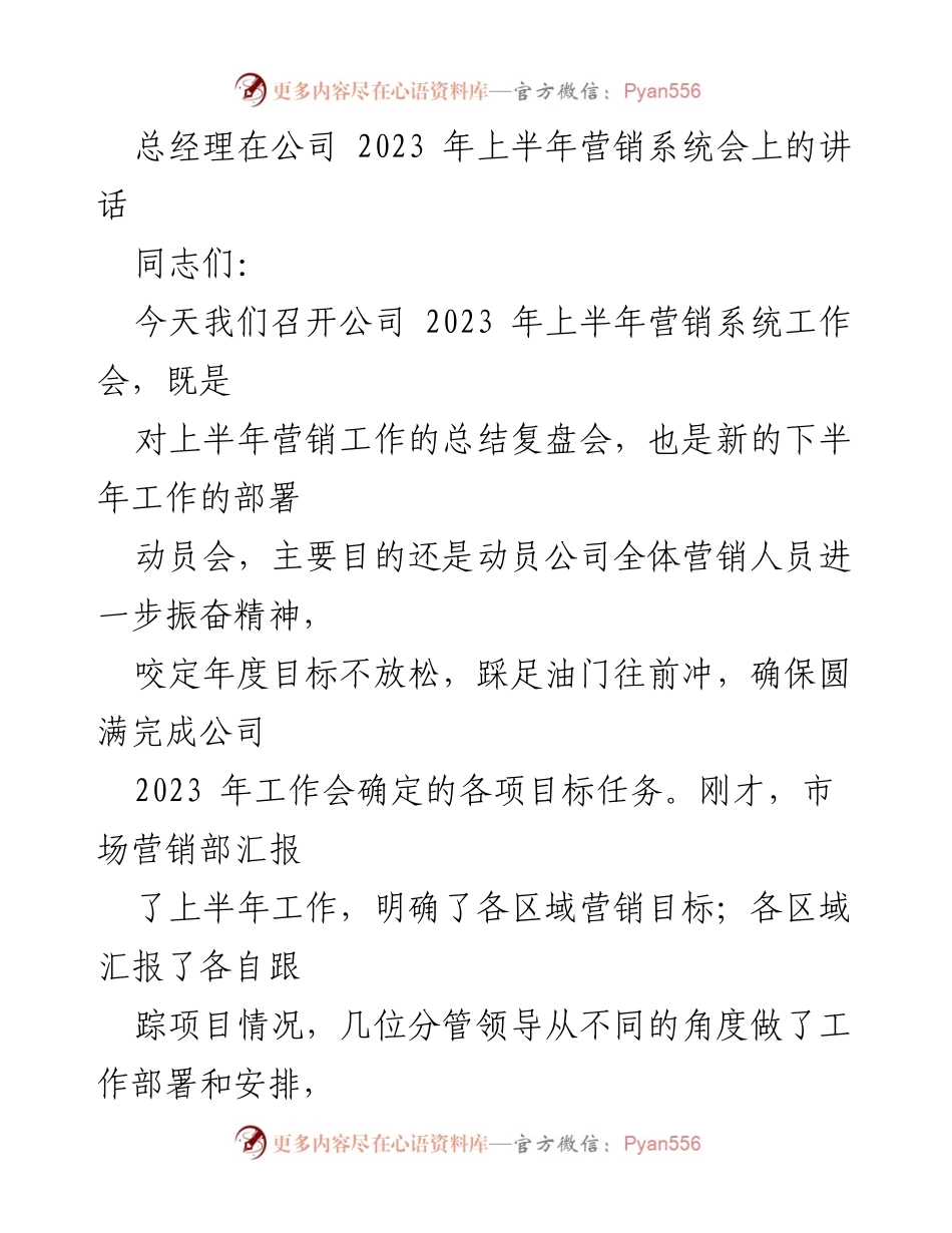 [发言] 公司2023年上半年营销系统工作会 - 总经理讲话：动员全体营销人员迎接下半年挑战.docx_第1页