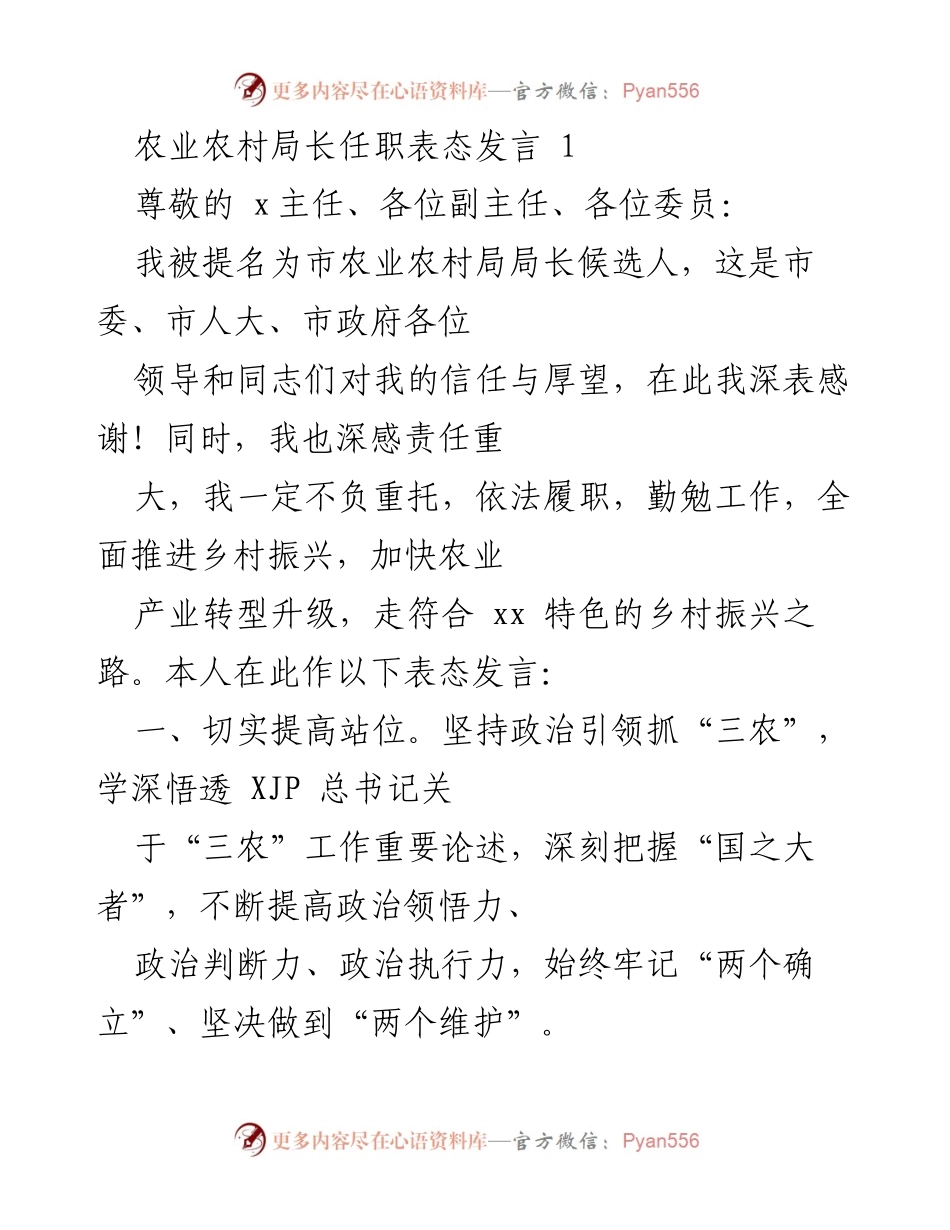 [发言] 农业农村局长任职 - 局长任职表态发言：全力推进乡村振兴与农业高质量发展.docx_第1页