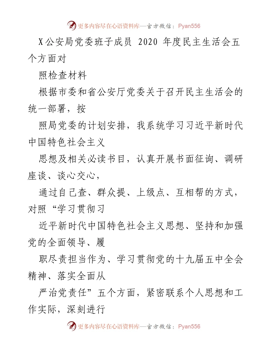 [发言] 公安局党委民主生活会 - 2020年度民主生活会对照检查总结报告.docx_第1页
