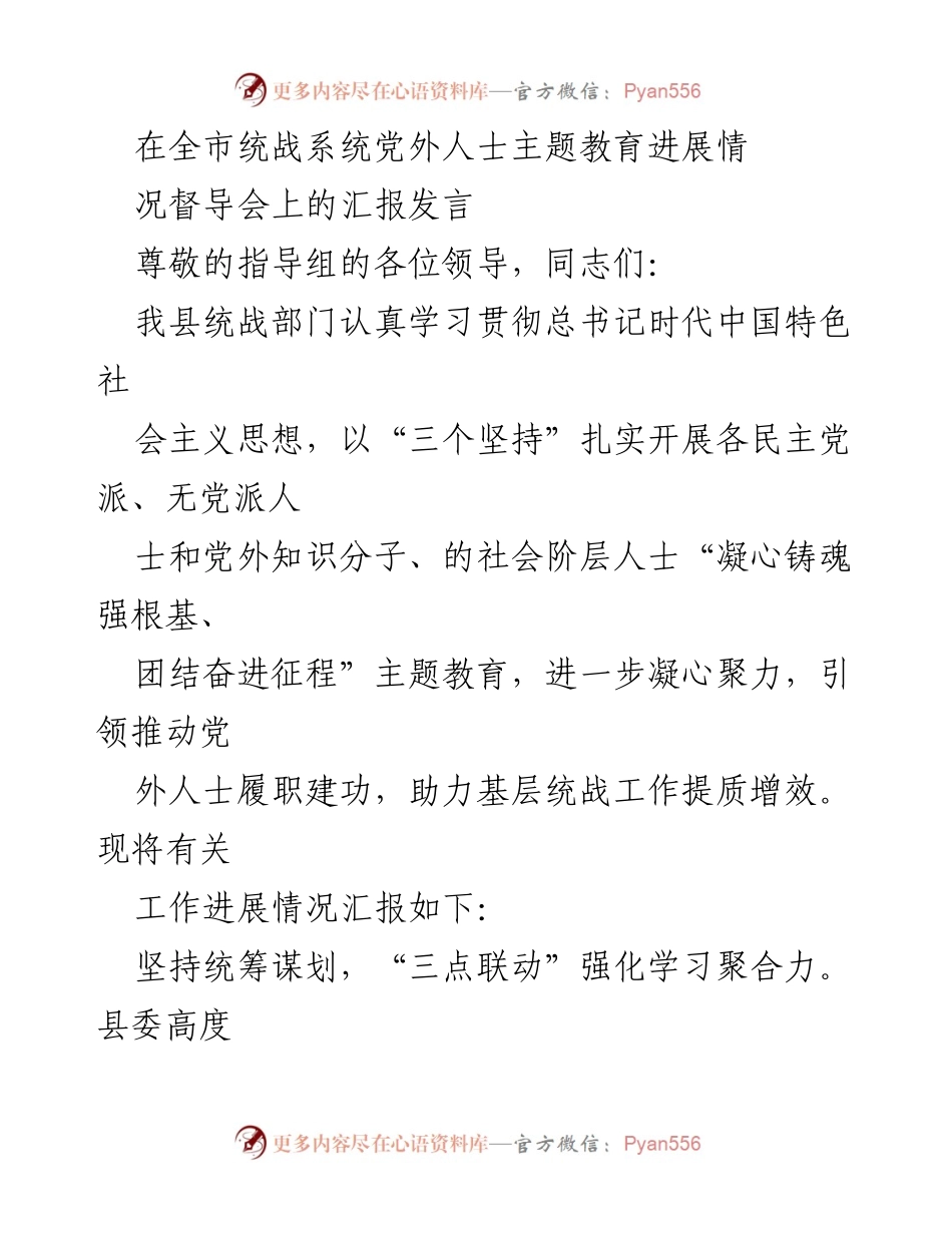 [发言] 全市统战系统党外人士主题教育进展情况督导会 - 统战系统党外人士主题教育进展汇报.docx_第1页