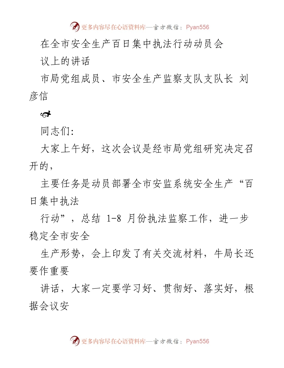 [发言] 动员会 - 全市安全生产百日集中执法行动动员部署讲话.docx_第1页
