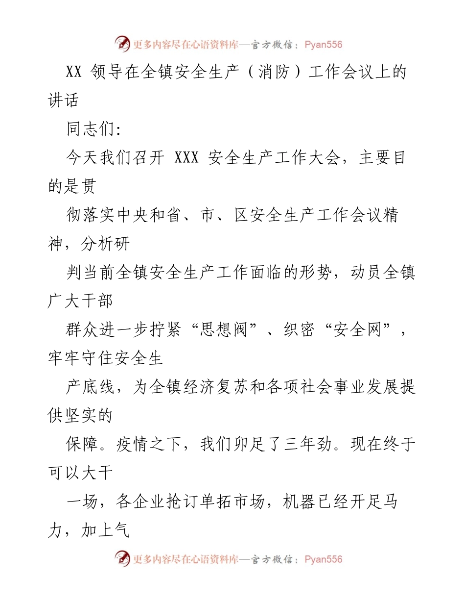 [发言] 全镇安全生产工作会议 - 加强安全生产工作，确保人民生命财产安全.docx_第1页