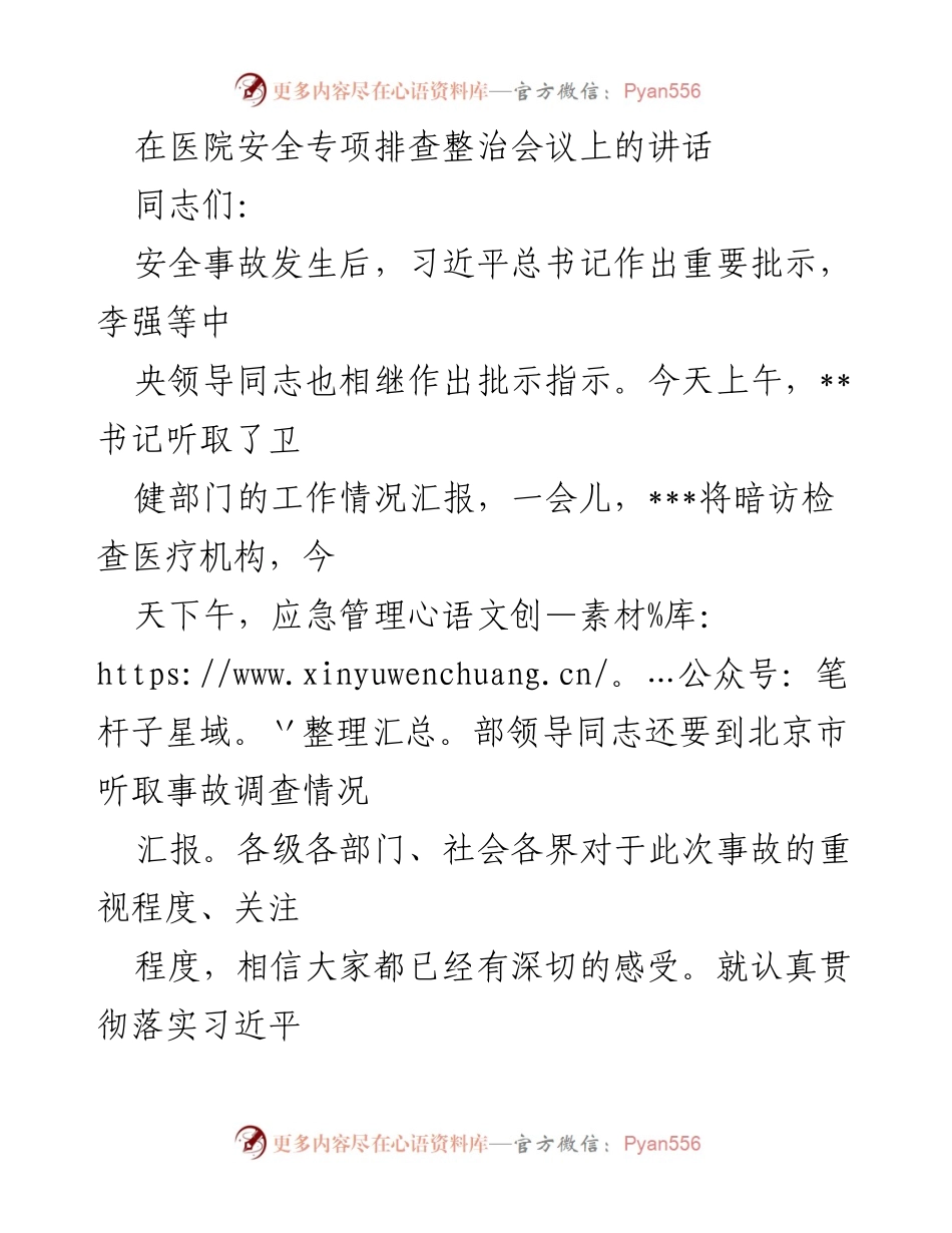 [发言] 医院安全专项排查整治会议 - 加强医院安全隐患排查，确保首都安全稳定.docx_第1页