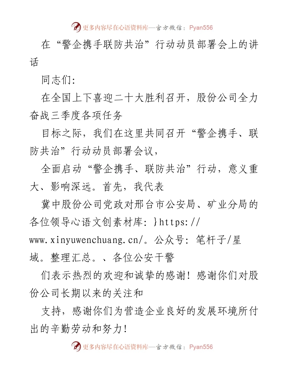 [发言] 动员部署会 - “警企携手，联防共治”行动的重要性与实施方案.docx_第1页