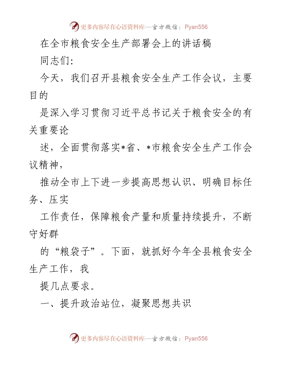 [发言] 全市粮食安全生产部署会 - 深入学习贯彻粮食安全精神，推动全市粮食生产提升.docx_第1页