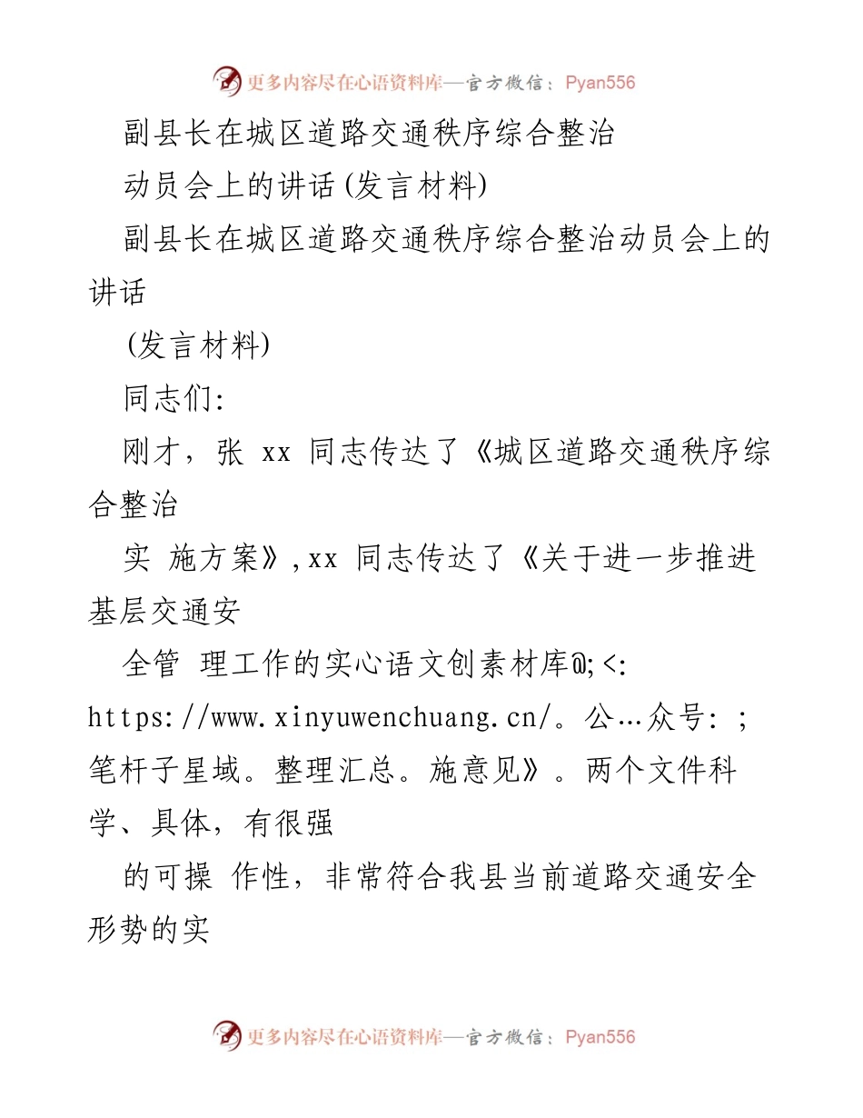 [发言] 动员会 - 副县长在城区交通秩序整治动员会上的讲话.docx_第1页