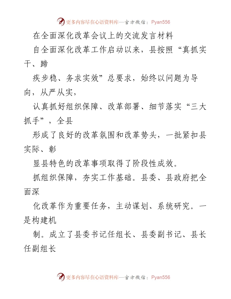 [发言] 全面深化改革会议 - 强化组织保障，推动全面深化改革工作.docx_第1页