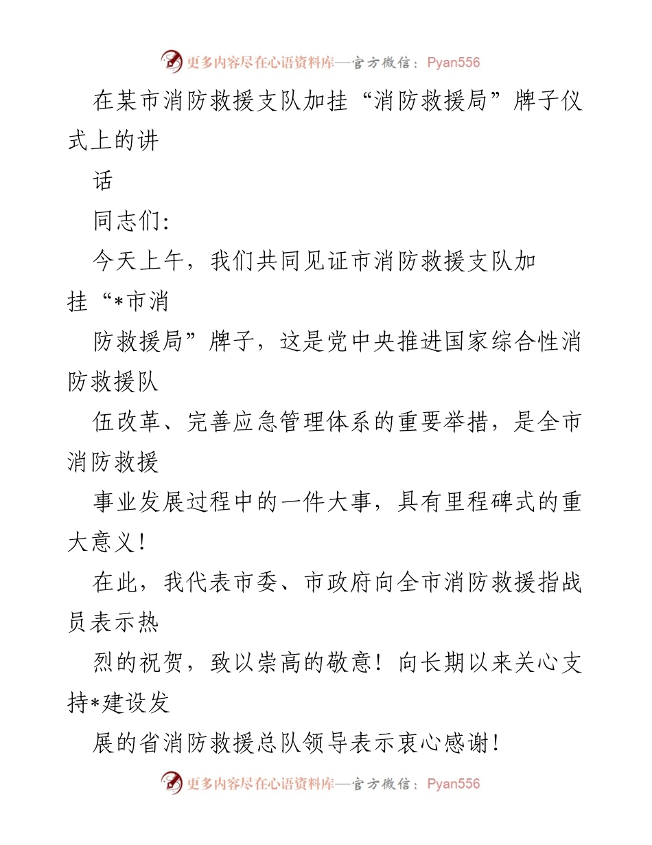 [发言] 加挂牌子仪式 - 庆祝消防救援局挂牌，展望新征程.docx_第1页