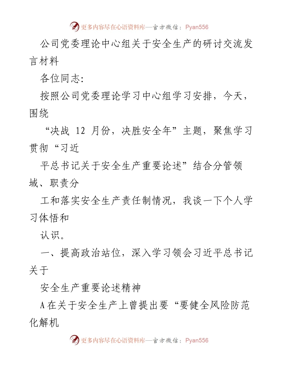 [发言] 公司党委理论中心组 - 深入学习习近平总书记关于安全生产的重要论述.docx_第1页