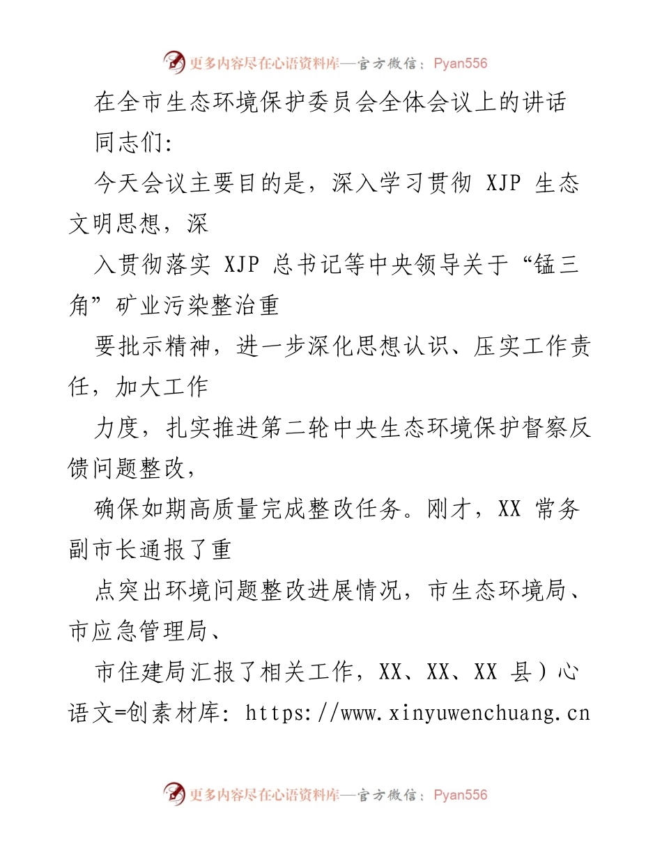 [发言] 全市生态环境保护委员会全体会议 - 强化生态环境治理，确保整改任务如期完成.docx_第1页