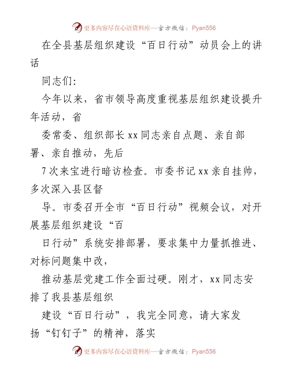 [发言] 动员会 - 基层组织建设“百日行动”的重要性与推进策略.docx_第1页