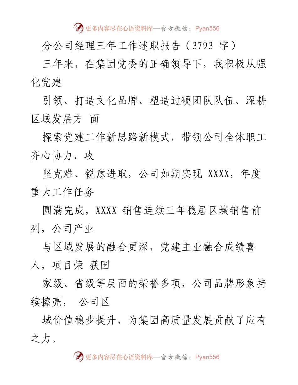 [发言] 分公司年度工作总结 - 分公司经理三年工作述职报告总结与展望.docx_第1页