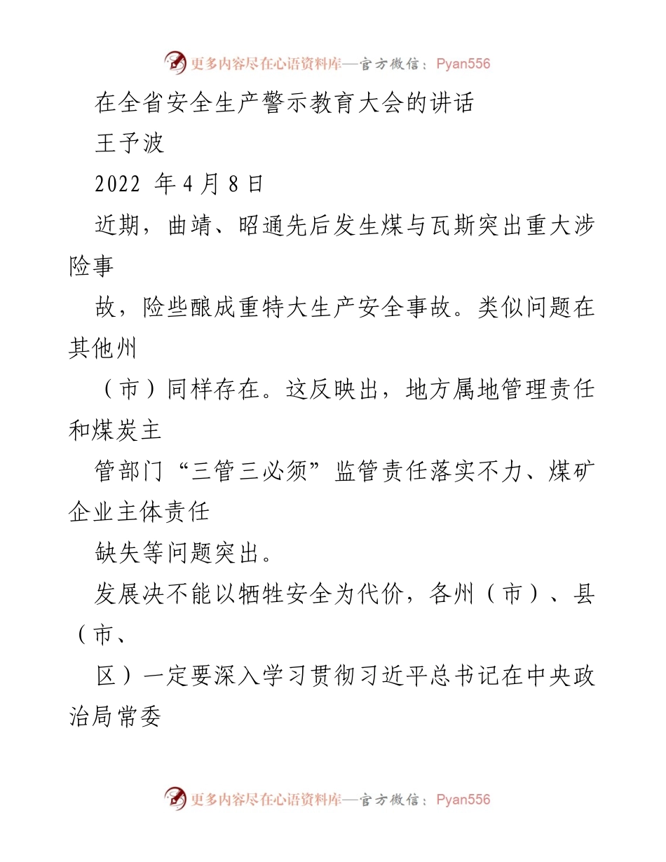 [发言] 全省安全生产警示教育大会 - 加强安全生产责任落实，防范重大事故发生.docx_第1页