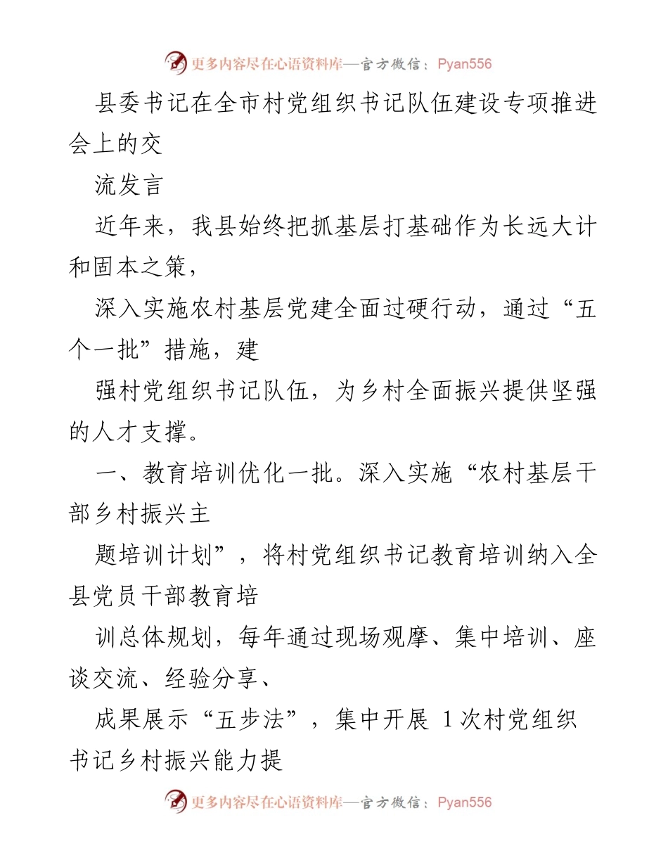 [发言] 全市村党组织书记队伍建设专项推进会 - 加强村党组织书记队伍建设 助力乡村振兴.docx_第1页