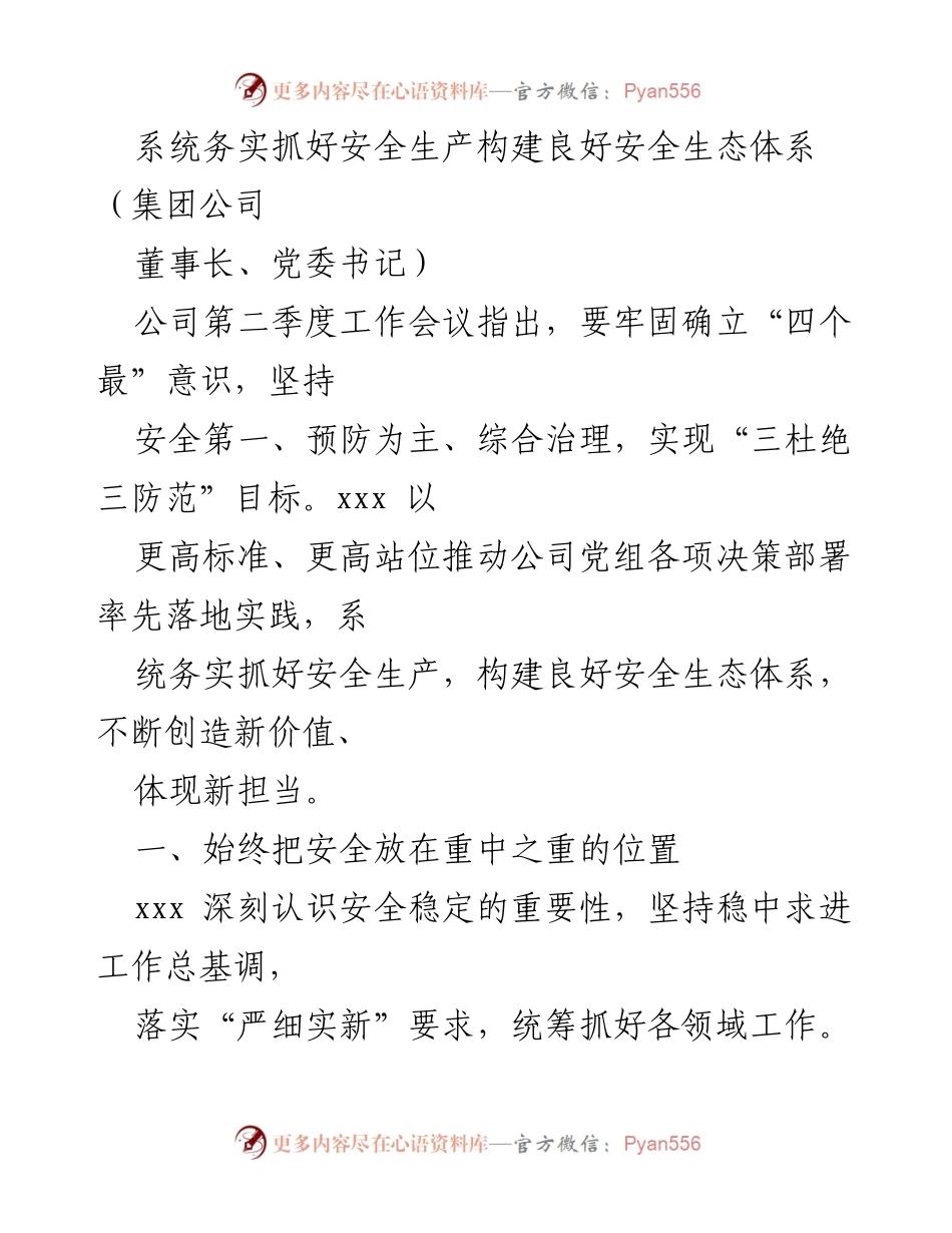 [发言] 公司第二季度工作会议 - 系统务实抓好安全生产，构建良好安全生态体系.docx_第1页