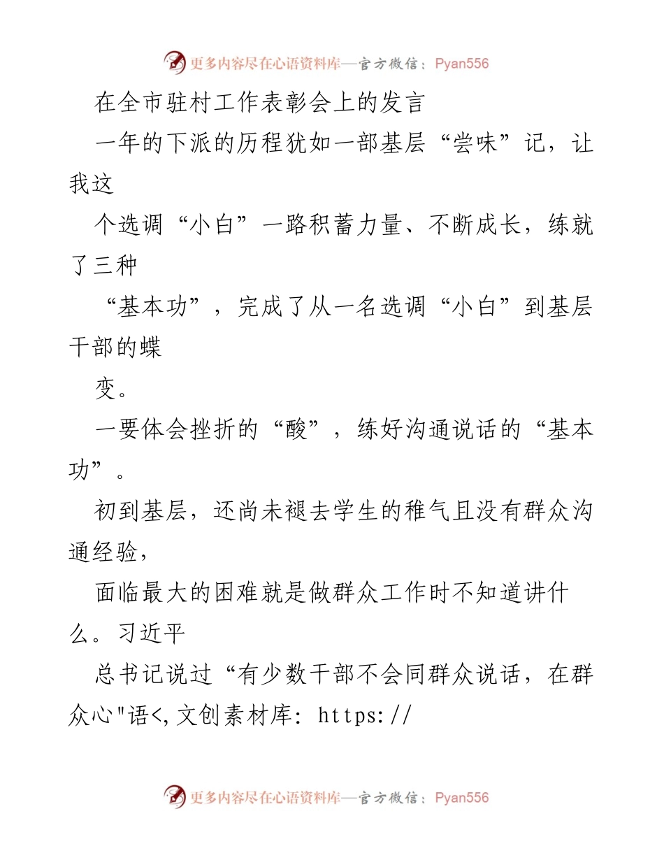 [发言] 全市驻村工作表彰会 - 基层干部的成长与实践心得.docx_第1页