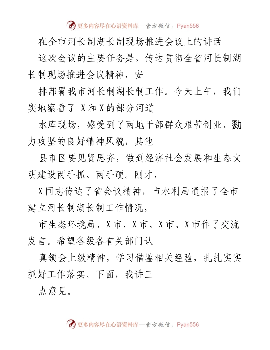 [发言] 全市河长制湖长制现场推进会议 - 落实河长制湖长制的重要性与工作部署.docx_第1页