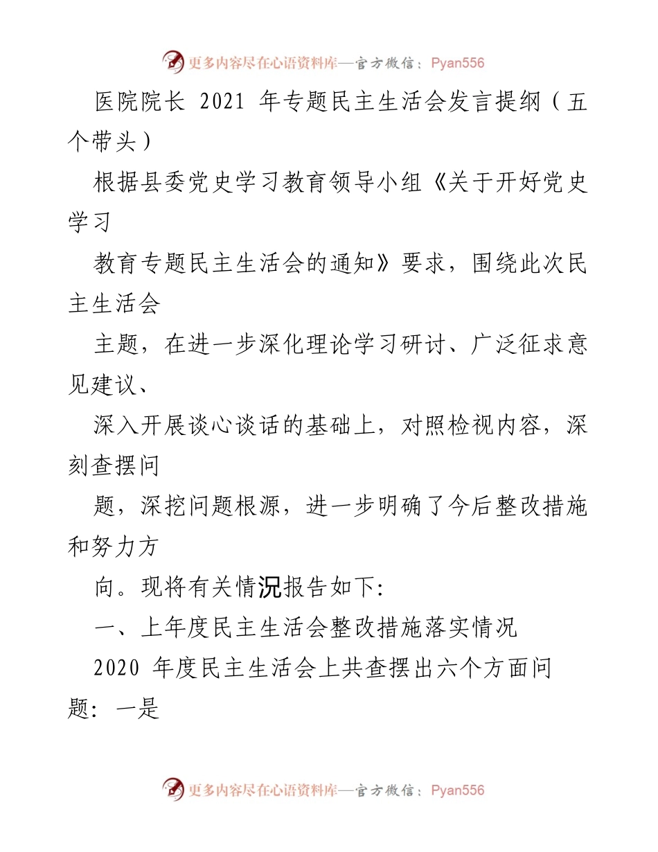[发言] 医院专题民主生活会 - 深入查摆问题，推动整改落实.docx_第1页