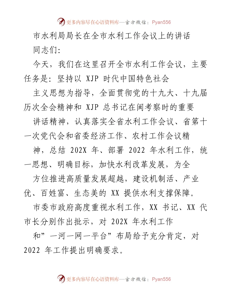 [发言] 全市水利工作会议 - 加快水利改革发展，保障高质量发展超越.docx_第1页