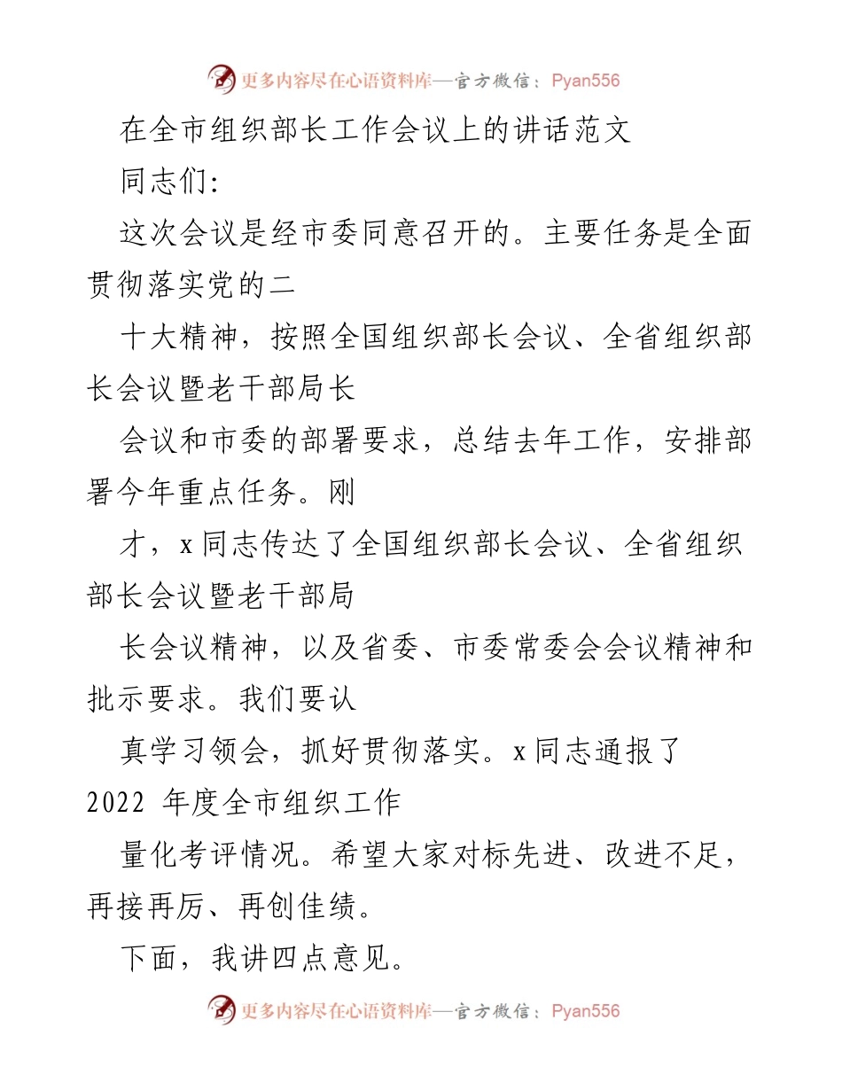 [发言] 全市组织部长工作会议 - 全面落实党的二十大精神，推动组织工作新发展.docx_第1页