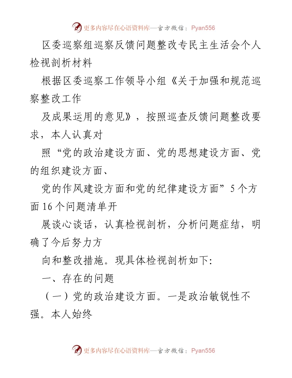 [发言] 区委巡察整改专民主生活会 - 巡察反馈问题整改个人检视剖析报告.docx_第1页