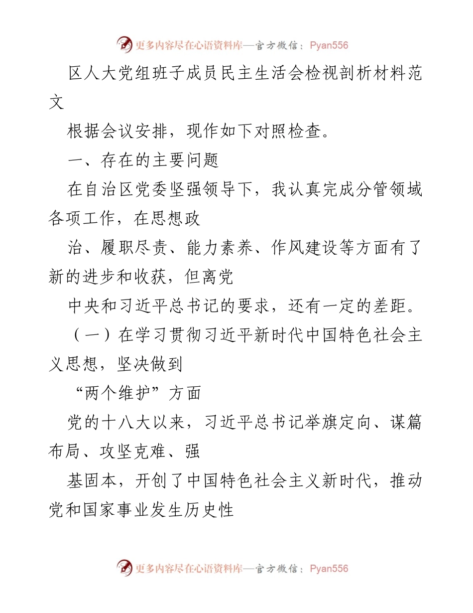 [发言] 区人大党组班子成员民主生活会 - 深入学习贯彻习近平新时代中国特色社会主义思想的自我检视与反思.docx_第1页