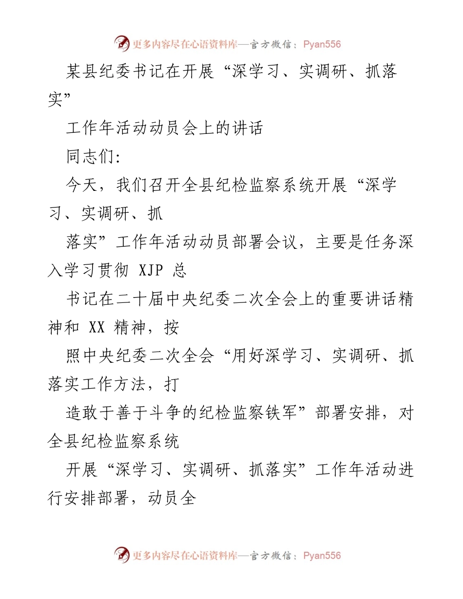 [发言] 动员会 - 深入学习贯彻，推动纪检监察工作落实.docx_第1页