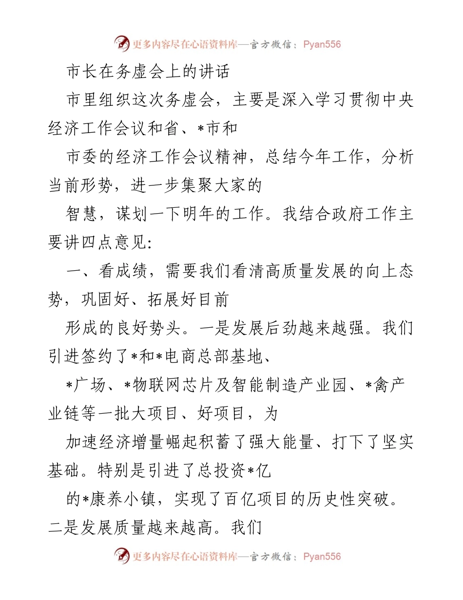 [发言] 务虚会 - 市长讲话：总结成绩与分析问题，为明年工作谋划方向.docx_第1页