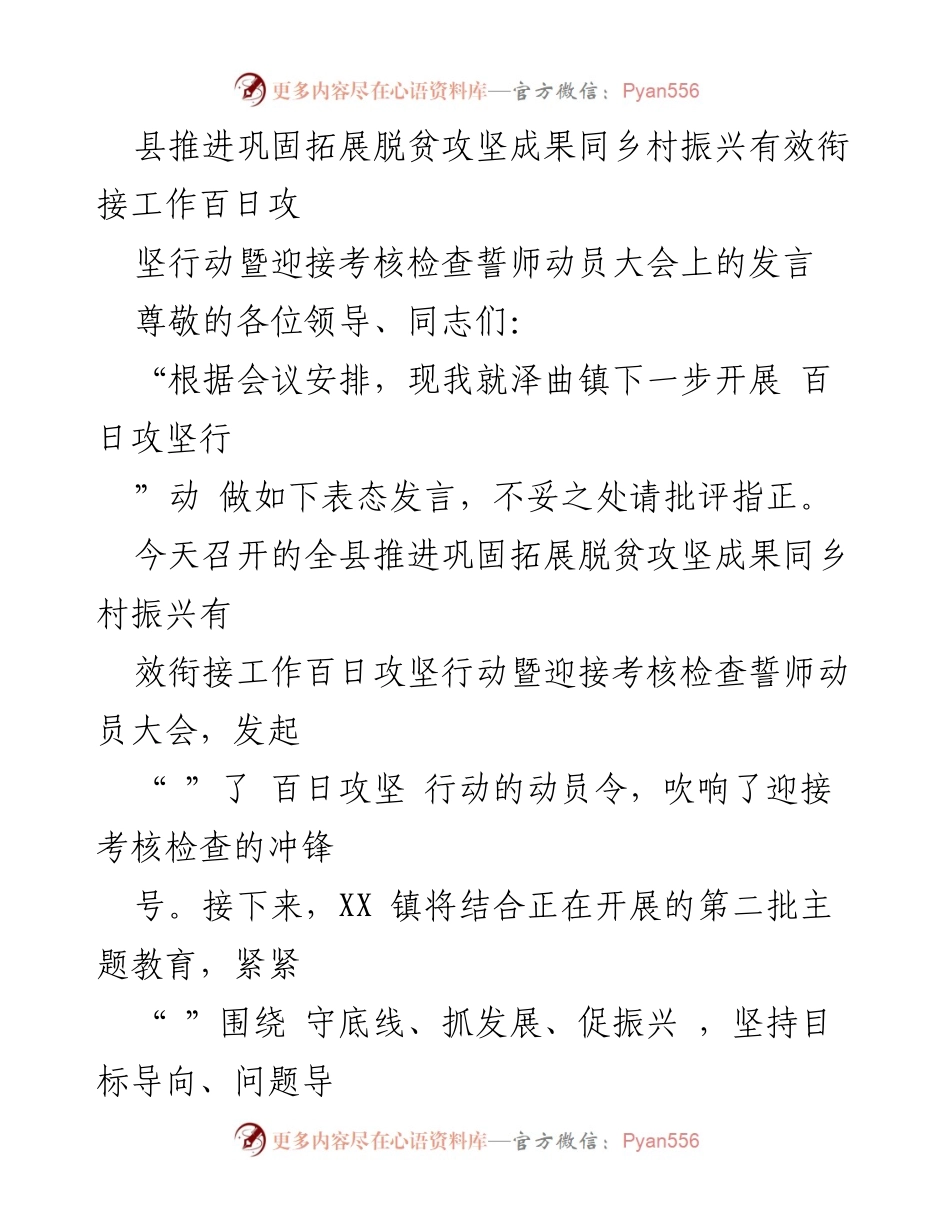 [发言] 动员大会 - 推进脱贫攻坚与乡村振兴的百日攻坚行动发言.docx_第1页
