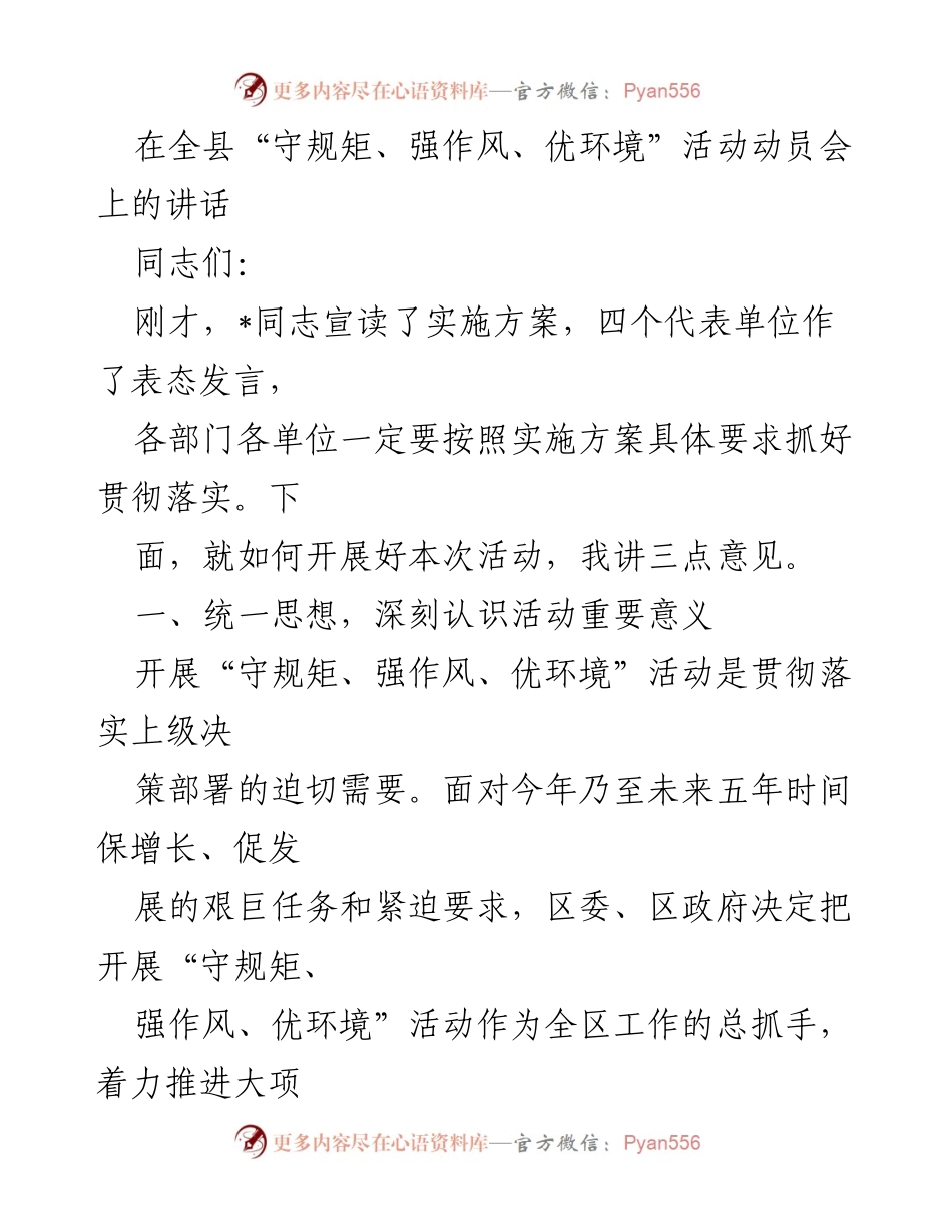 [发言] 动员会 - 强化规矩作风，优化发展环境的重要性.docx_第1页