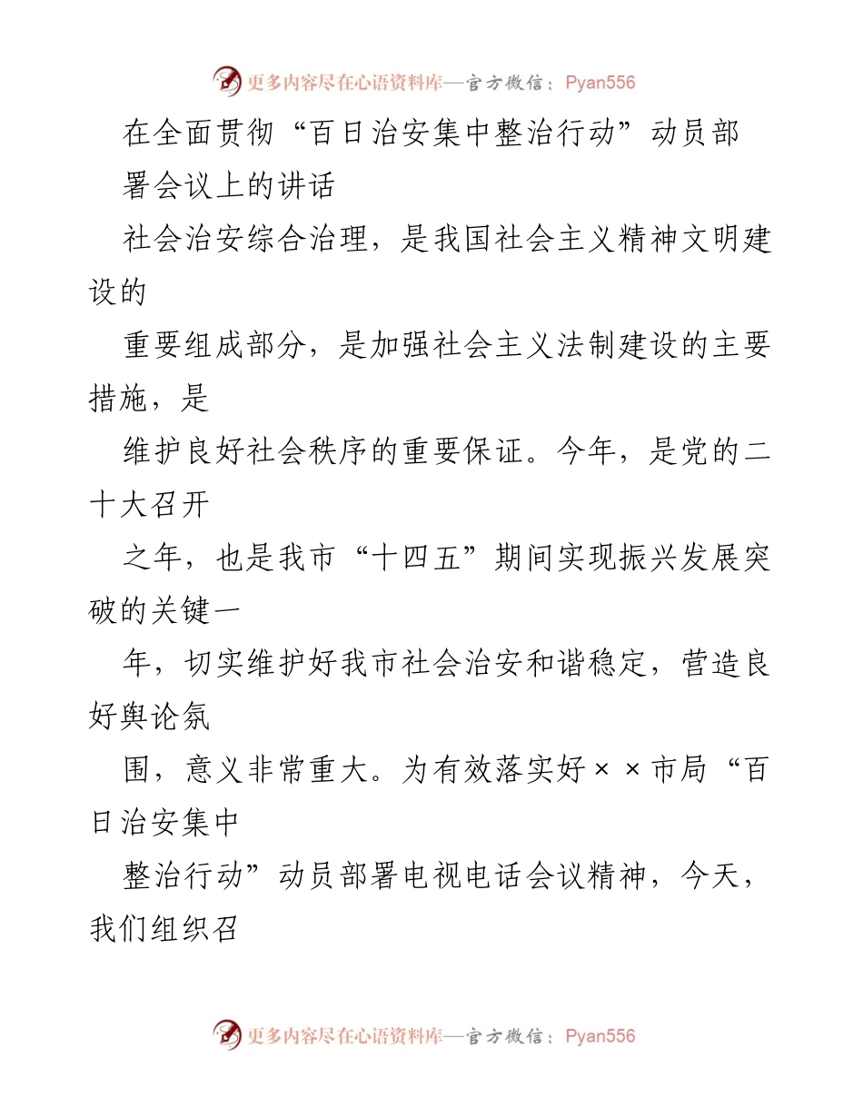 [发言] 动员部署会议 - 加强社会治安综合治理，落实“百日行动”部署.docx_第1页
