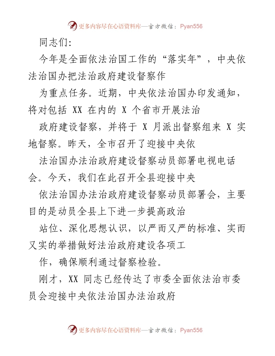 [发言] 动员部署会 - 全县迎接中央依法治国法治政府建设督察动员部署会讲话.docx_第1页