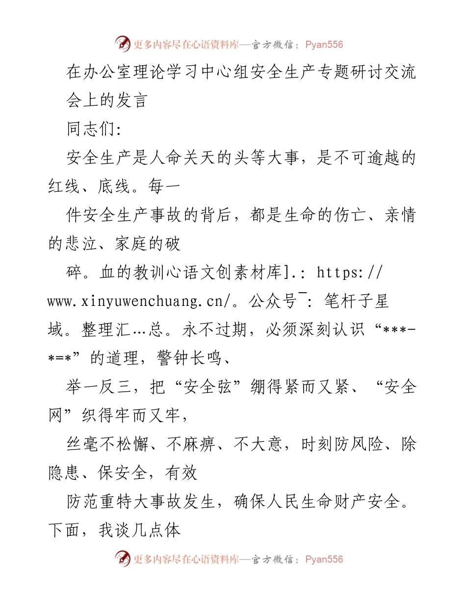 [发言] 办公室理论学习中心组安全生产专题研讨交流会 - 确保安全生产的重要性与有效防范措施.docx_第1页