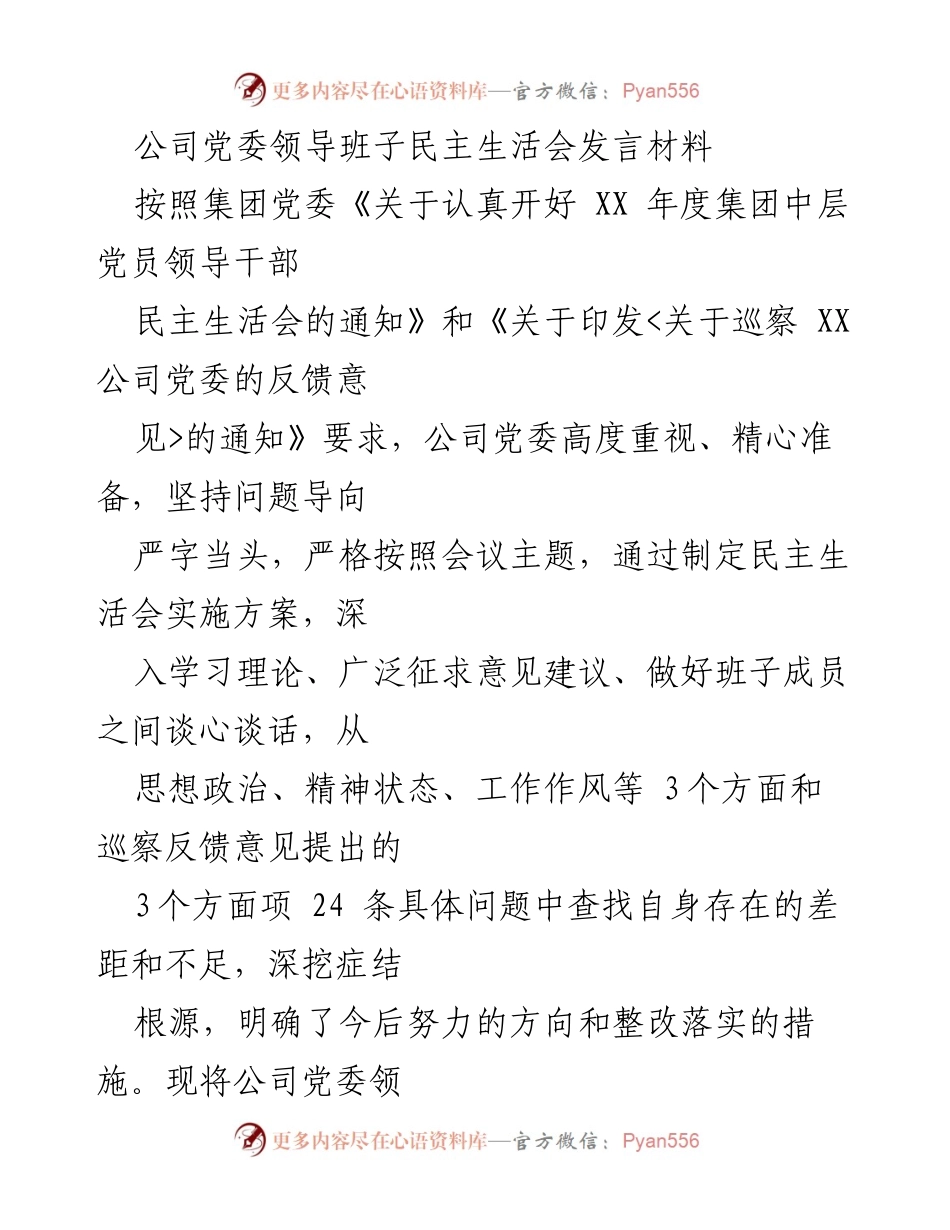 [发言] 公司党委民主生活会 - 公司党委领导班子民主生活会发言材料总结.docx_第1页