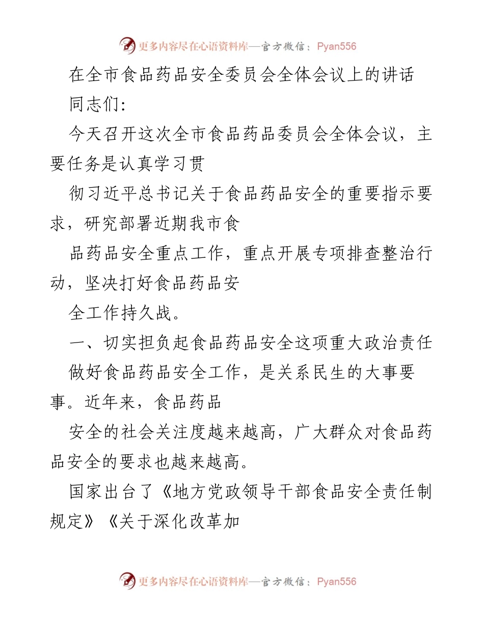 [发言] 全市食品药品安全委员会全体会议 - 加强食品药品安全工作的责任与措施.docx_第1页