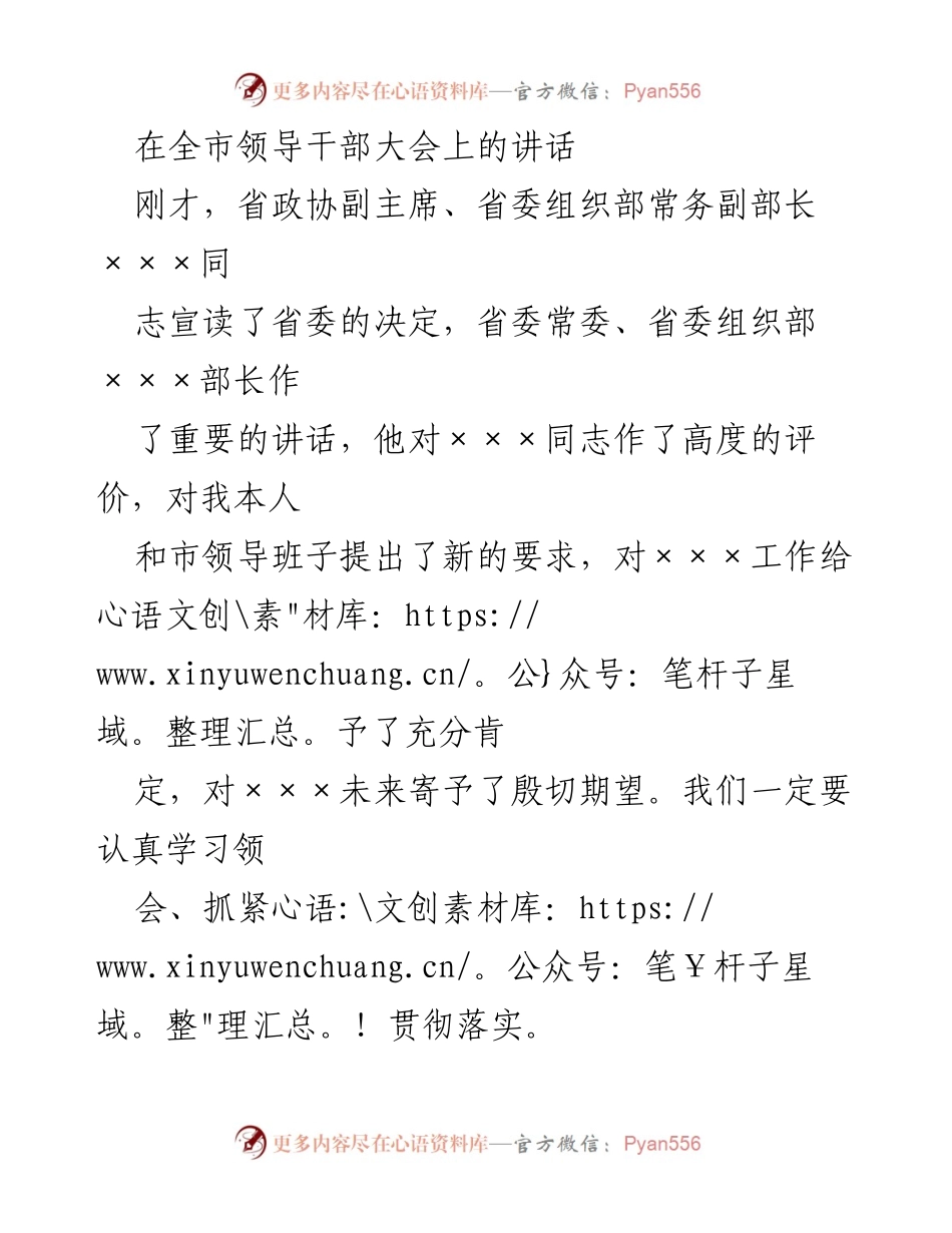 [发言] 全市领导干部大会 - 新任市委书记的任职讲话与发展愿景.docx_第1页