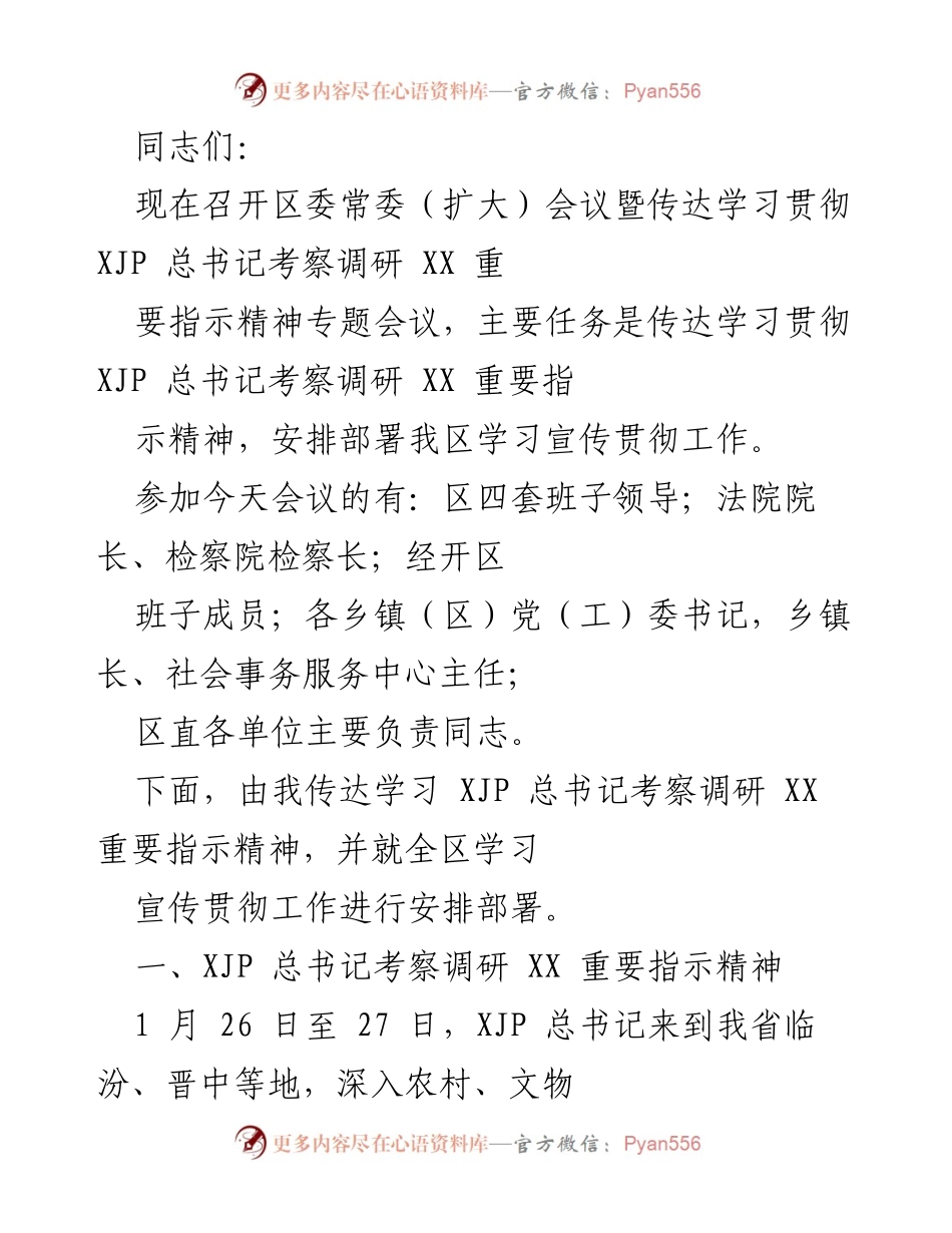 [发言] 区委常委（扩大）会议 - 学习贯彻XJP总书记考察调研重要指示精神.docx_第1页