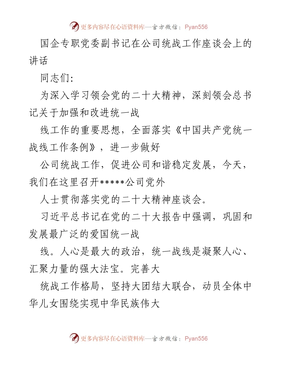 [发言] 公司统战工作座谈会 - 深入学习党的二十大精神，推动统战工作新发展.docx_第1页