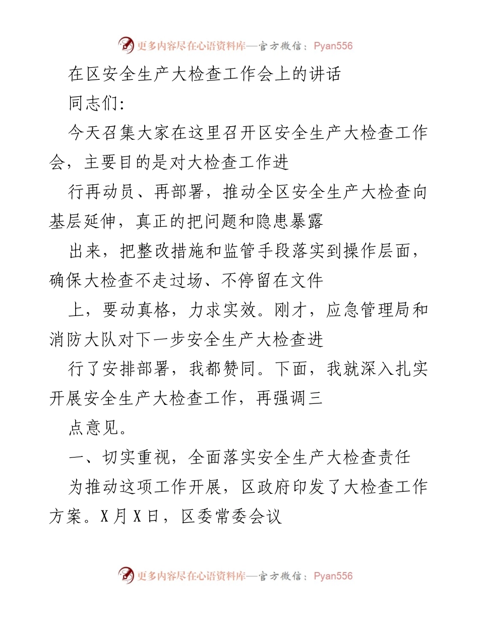[发言] 区安全生产大检查工作会 - 强化安全生产大检查责任和落实措施.docx_第1页