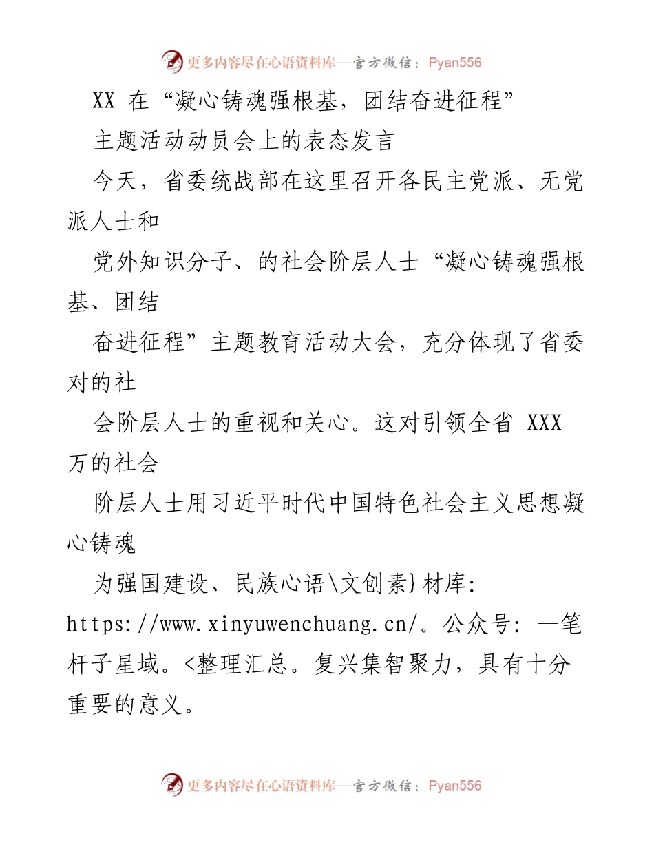 [发言] 动员会 - 凝心铸魂，团结奋进：社会阶层人士主题教育动员发言.docx_第1页