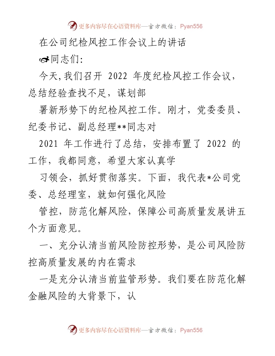 [发言] 公司纪检风控工作会议 - 强化风险管控，保障公司高质量发展的五点意见.docx_第1页