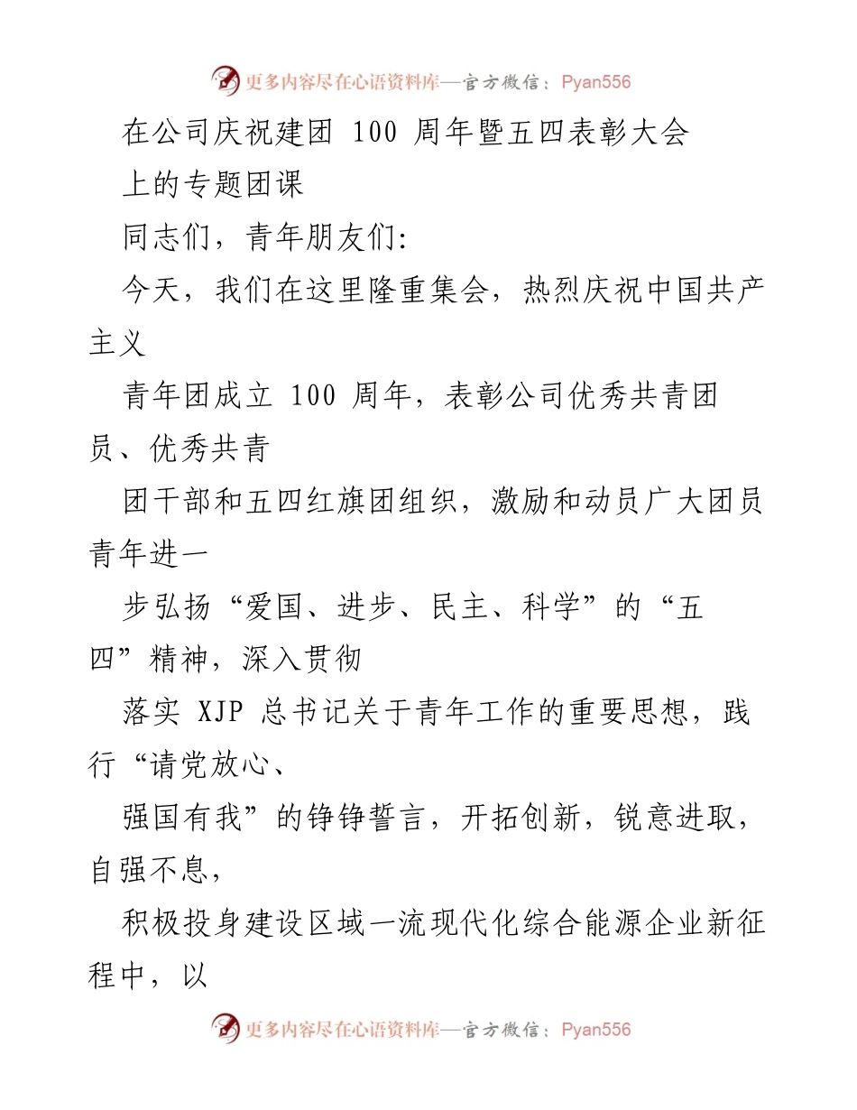 [发言] 公司庆祝建团100周年暨五四表彰大会 - 弘扬五四精神，坚定青年信念，共筑企业未来.docx_第1页