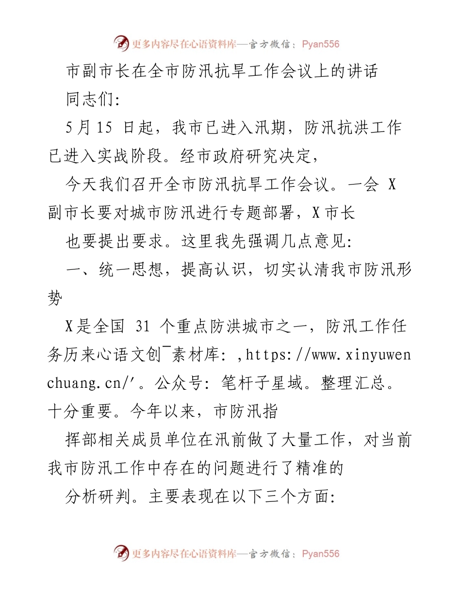 [发言] 全市防汛抗旱工作会议 - 市副市长强调防汛抗旱工作的重要性与落实措施.docx_第1页